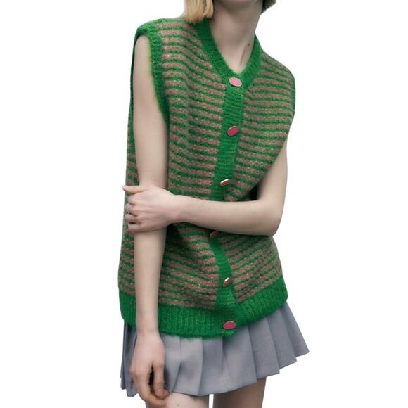 Zara Sweater Vest Green Pink Metal Buttons Size M Grandpacore Cottagecore Boho - Picture 1 of 8